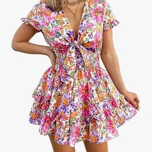 Vibrant Floral Tie-Front Mini Dress